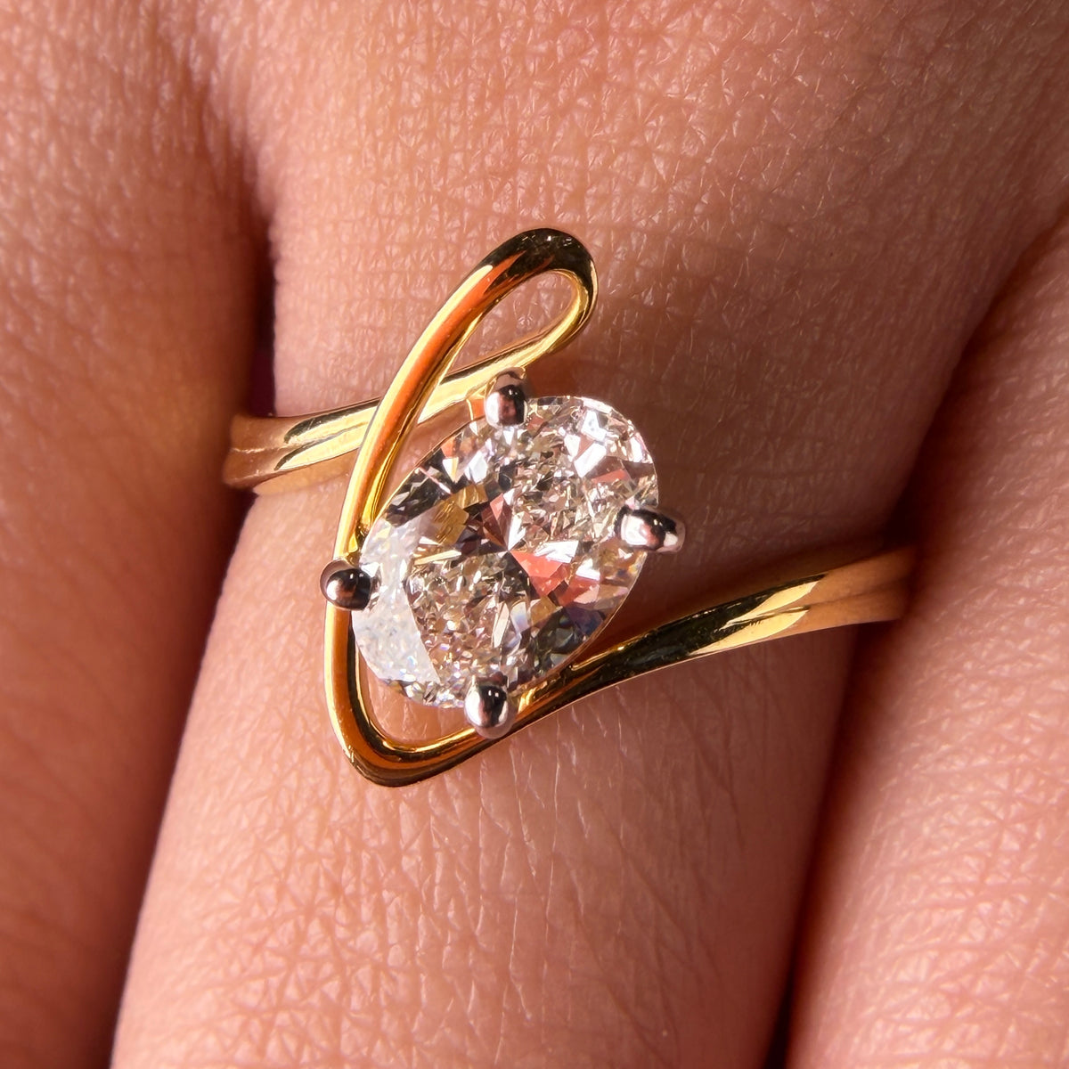 Sculpted Bypass Oval Cut Lab Grown Diamond 14K Gold Ring