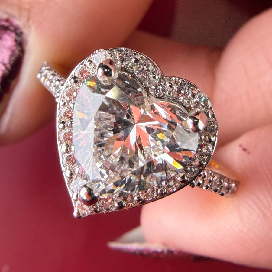 Pavé Halo Heart Cut Moissanite Diamond Engagement 14K Gold Ring