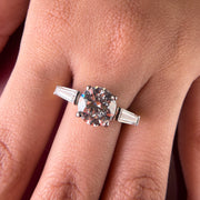Three Stone Baguette Accent Round Cut Lab Grown Diamond Engagement 9K Gold Ring