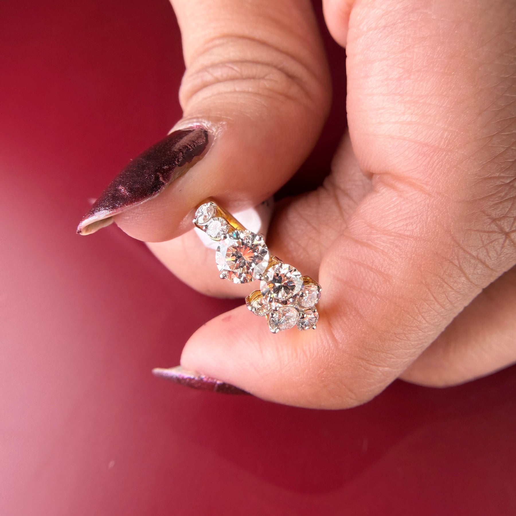 Three Stone Halo Round Cut Lab Grown Diamond 14K Gold Ring