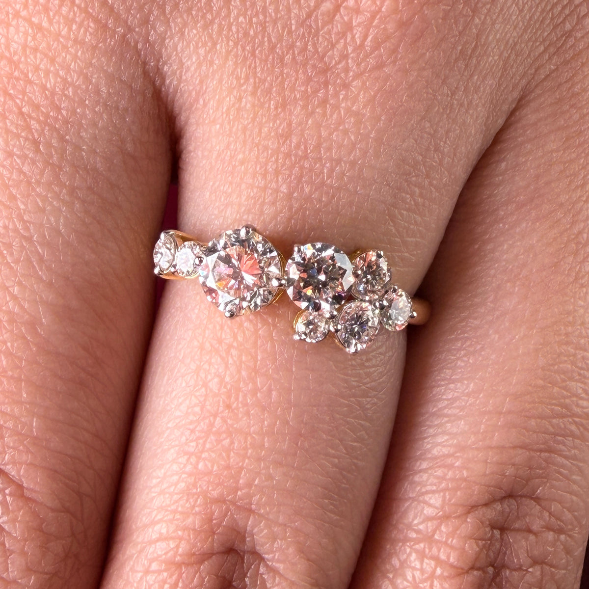 Three Stone Halo Round Cut Lab Grown Diamond 14K Gold Ring