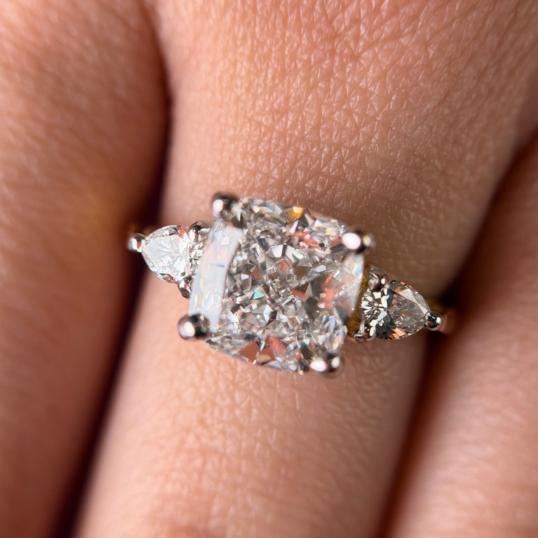 Three Stone Pear Accent Cushion Cut Lab Grown Diamond Engagement 18K Gold Ring