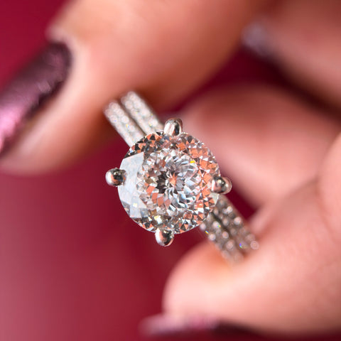Pavé Portuguese Cut Moissanite Diamond Engagement 925 Sterling Silver Ring