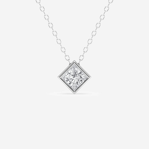 Diagonal square framed pendant on a chain in a white-metal finish, front view