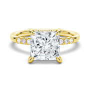 Princess Cut Lab Grown Diamond Hidden Halo Engagement 9K Gold Ring