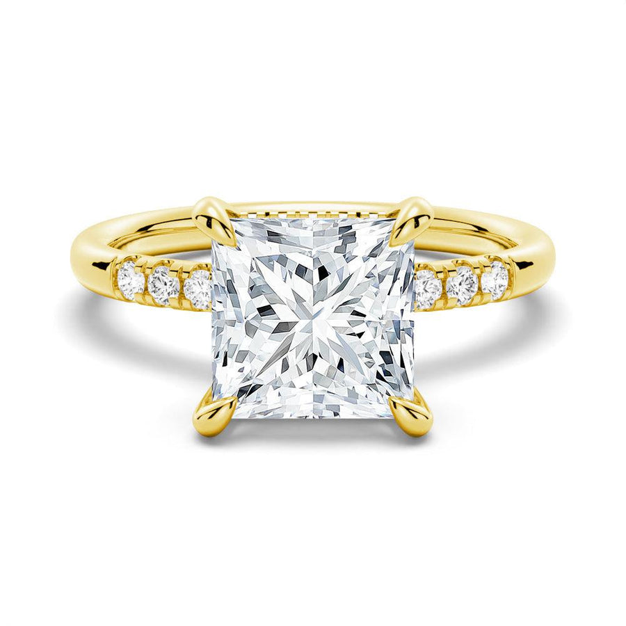 Princess Cut Lab Grown Diamond Hidden Halo Engagement 9K Gold Ring