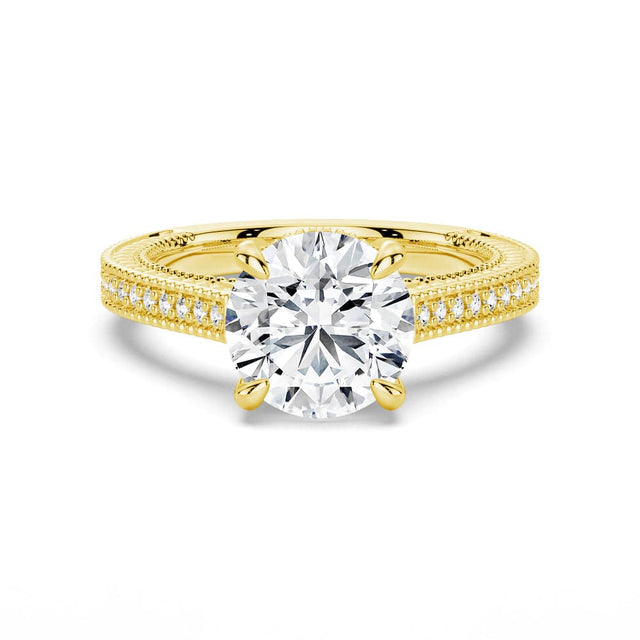 Round Cut Lab Grown Diamond Milgrain Pave 14K Gold Ring