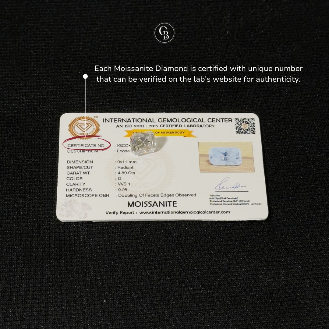 Radiant Cut Certified Moissanite Diamond D VVS1