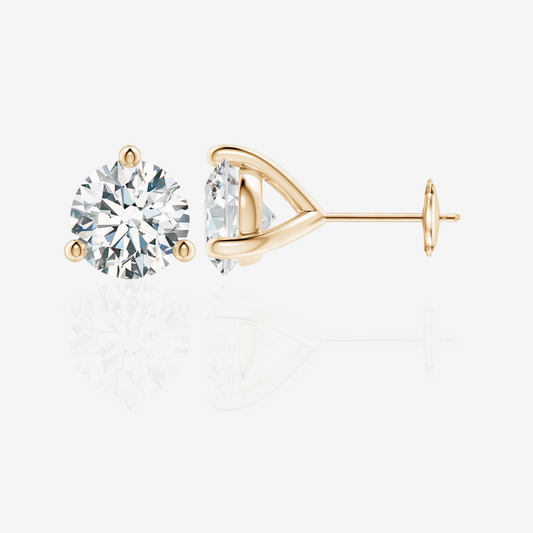 Round Cut Lab Grown Diamond Three Prong Stud 14k Gold Earrings