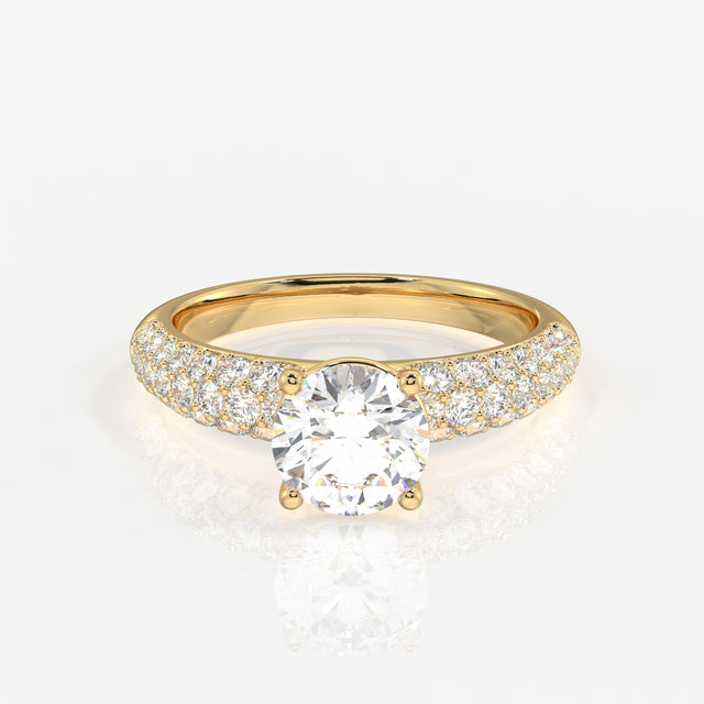 Round Cut Lab Grown Diamond Three lane Pave 14k Gold Ring