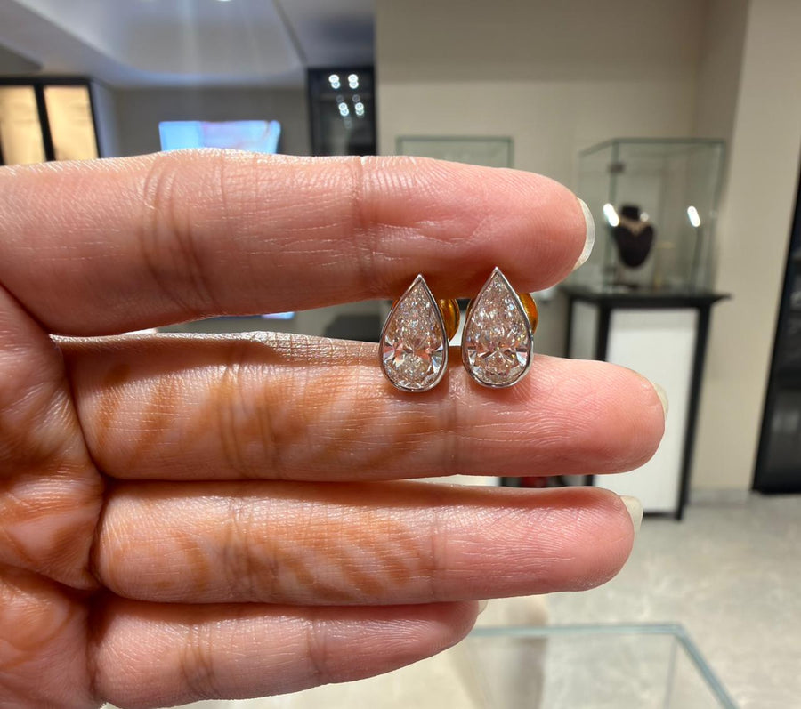 Bezel Setting Pear Cut Lab Grown Diamond 14k Gold Earrings