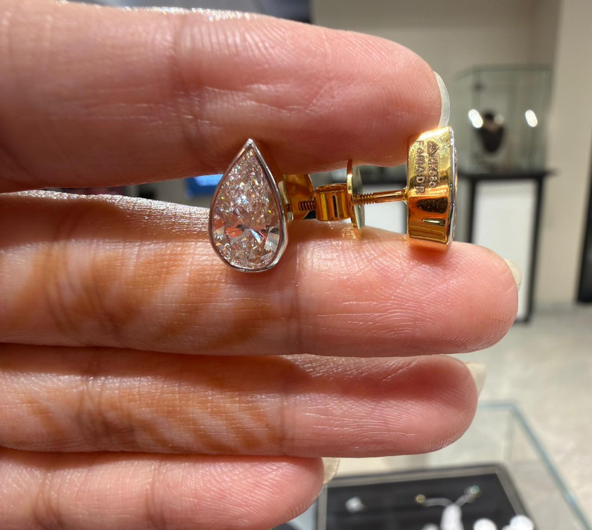 Bezel Setting Pear Cut Lab Grown Diamond 14k Gold Earrings