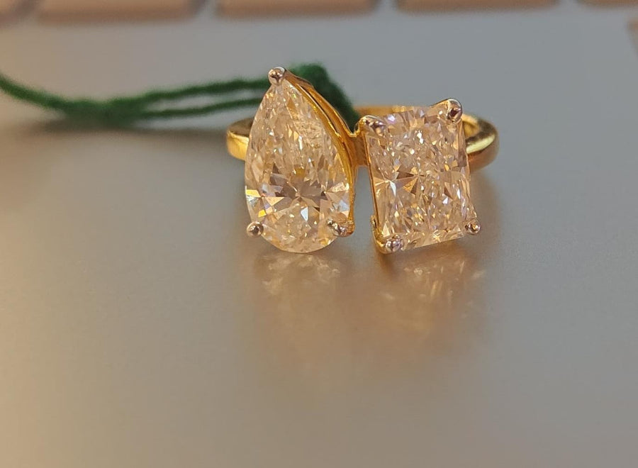 Pear and Radiant Cut Lab Grown Diamond Toi Et Moi 14k Gold Ring