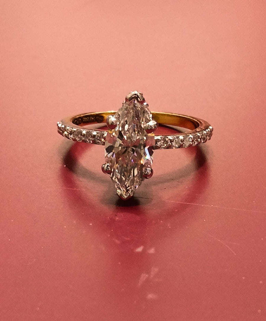 Marquise Cut Hidden Halo Lab Grown Diamond Engagement 14K Gold Ring