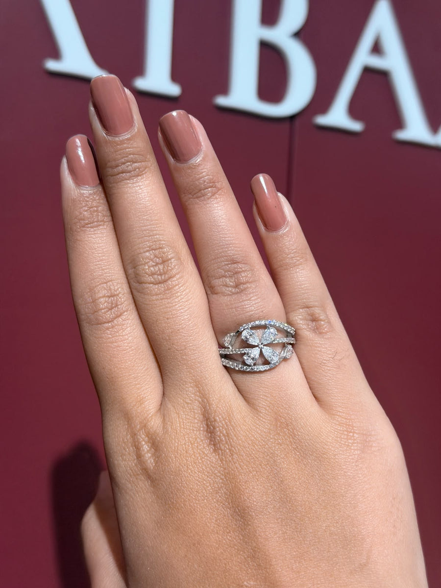 Fan Cluster Pear & Round Cut Moissanite Diamond Engagement 9K Gold Ring
