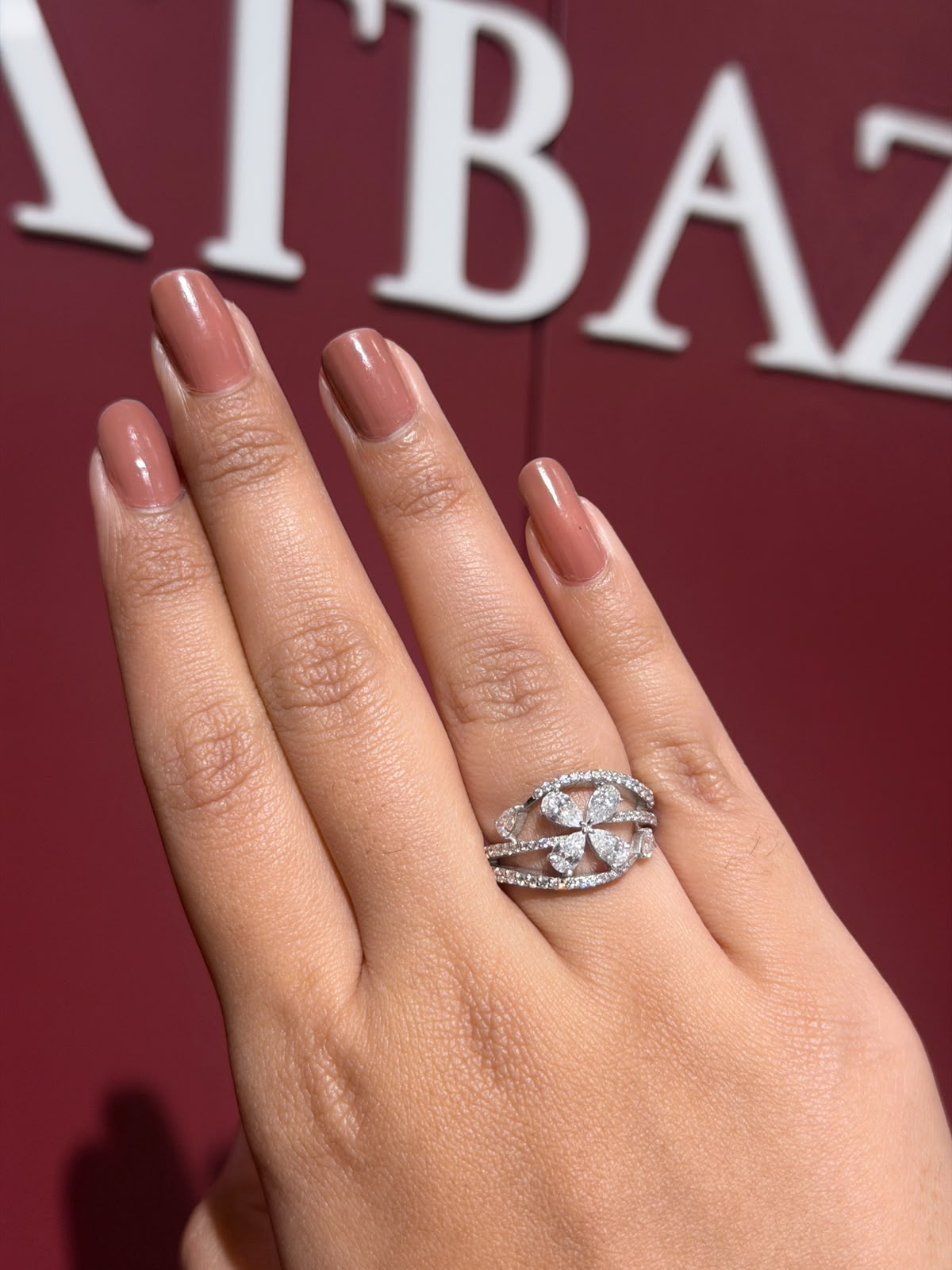 Fan Cluster Pear & Round Cut Moissanite Diamond Engagement 9K Gold Ring