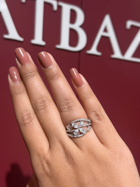 Fan Cluster Pear & Round Cut Moissanite Diamond Engagement 9K Gold Ring