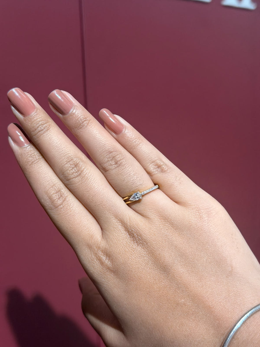 Delicate Halo Pear & Round Cut Moissanite Diamond Engagement 14K Gold Ring