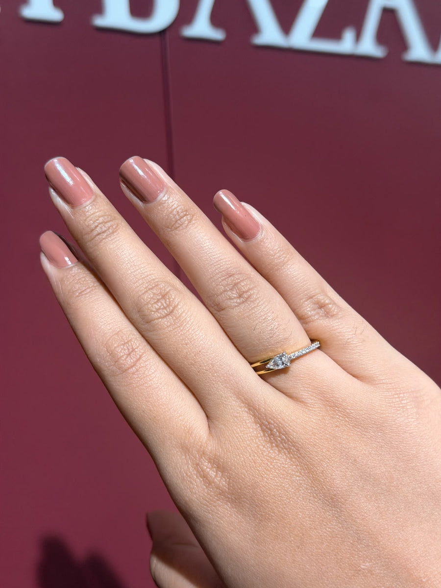 Delicate Halo Pear & Round Cut Moissanite Diamond Engagement 14K Gold Ring
