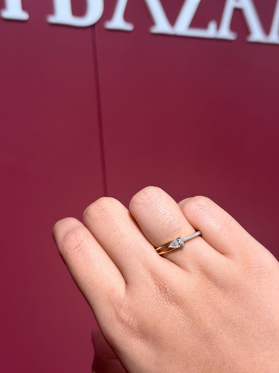 Delicate Halo Pear & Round Cut Moissanite Diamond Engagement 14K Gold Ring