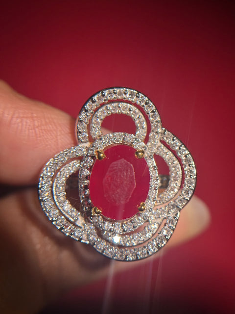 Ruby Floral Halo Gemstone and Moissanite Diamond Engagement 14K Gold Ring
