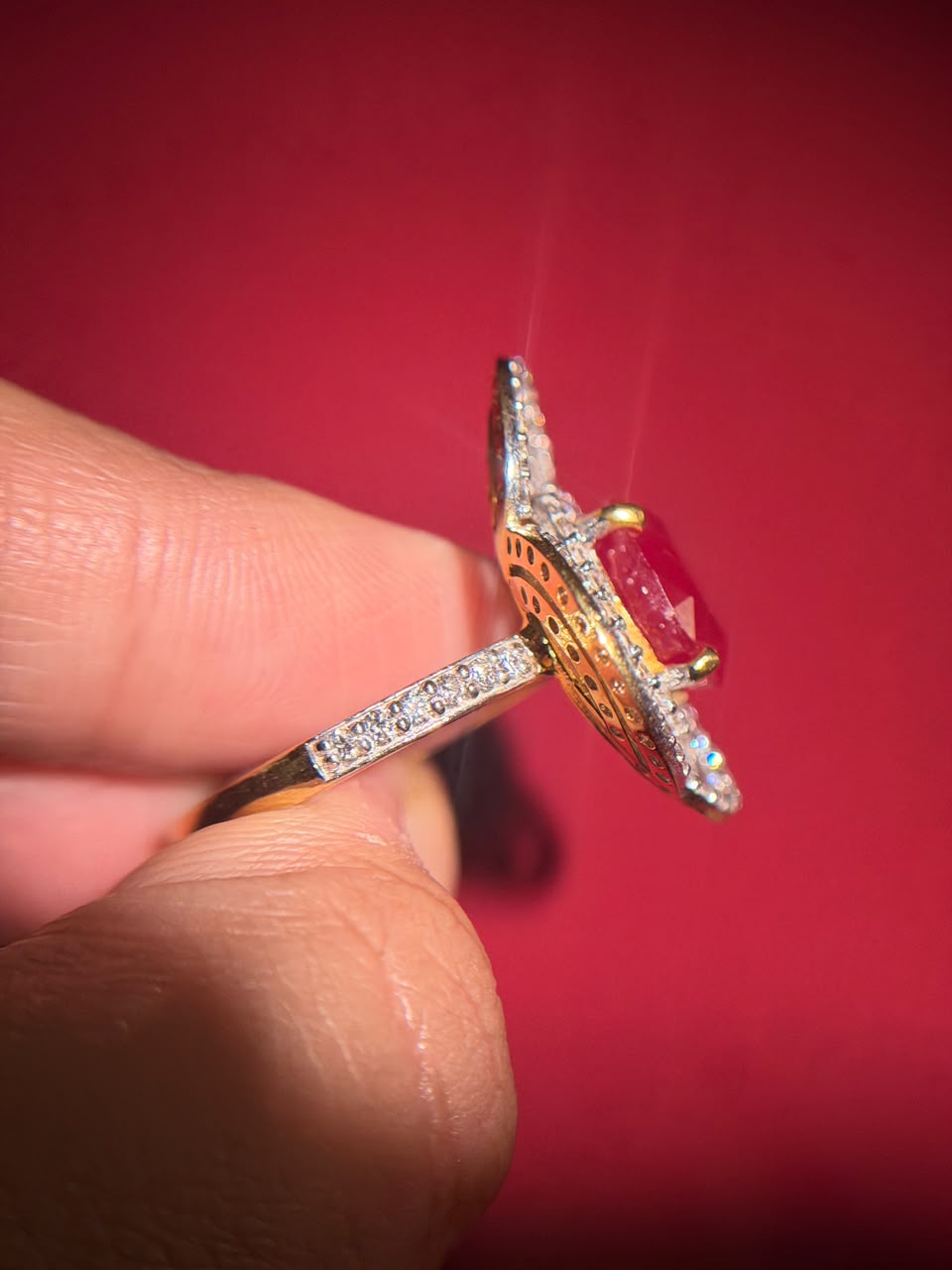 Ruby Floral Halo Gemstone and Lab Grown Diamond Engagement 18K Gold Ring