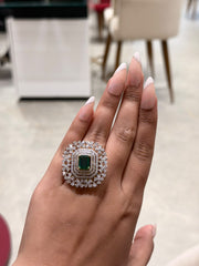 Grand Emerald Halo Gemstone and Moissanite Diamond Engagement 14K Gold Ring
