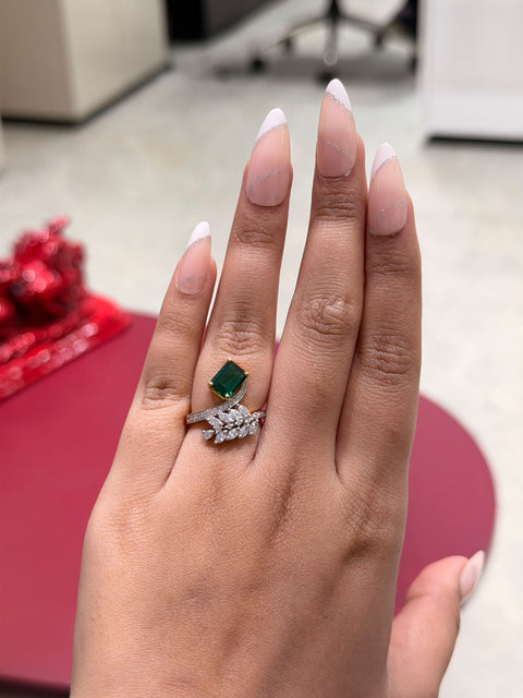 Amelie Eclat Emerald Bloom Gemstone and Moissanite Diamond Engagement Sterling Silver Ring
