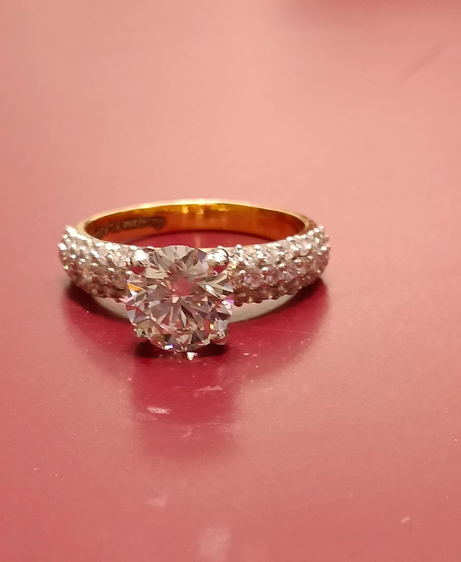 Portuguse Cut Halo Lab Grown Diamond Three lane 14k Gold Ring