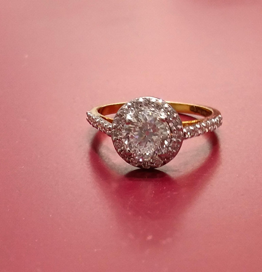 Portuguse Cut Halo Lab Grown Diamond 14k Gold Ring