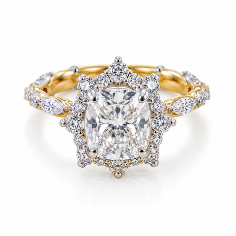 cushion cut lab grown diamond 14k gold ring — studio render