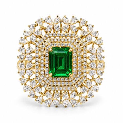 Grand Emerald Halo Gemstone and Lab Grown Diamond 14K Gold Ring — studio render