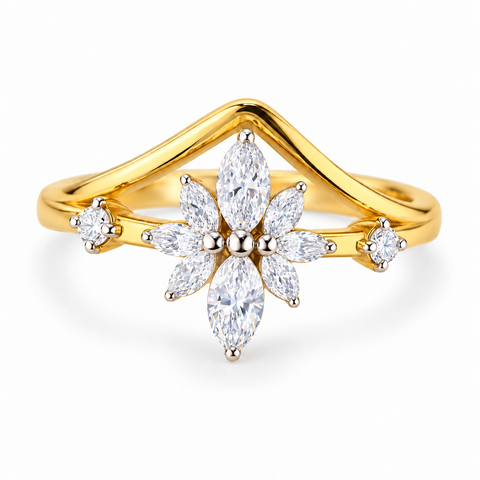 Leaf Cluster Marquise Cut Lab Grown Diamond 14K Gold Ring — bright white diamond studio render