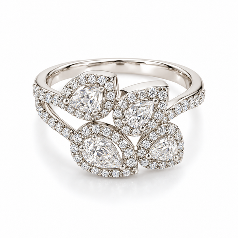 Dahlia Aura Floral Cluster Pear Cut Lab Grown Diamond 14K Gold Ring — studio render