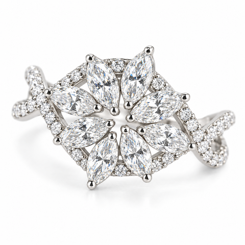 Leonie Aura Floral Cluster Marquise Cut Lab Grown Diamond 14K Gold Ring — studio render