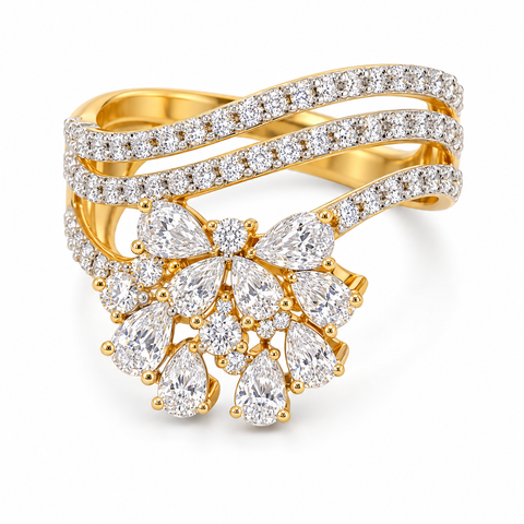 Floral Cascade Pear Cut Lab Grown Diamond 14K Gold Ring — studio render