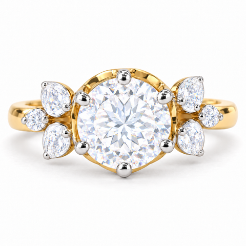 Floral Cluster Portuguese Cut Lab Grown Diamond 14K Gold Ring — bright white diamond studio render