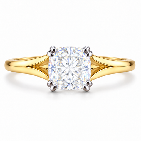 Dahlia Crest Solitaire Cushion Cut Lab Grown Diamond 14K Gold Ring — bright white diamond studio render