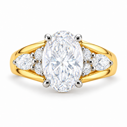 Floral Pear Accent Oval Cut Lab Grown Diamond 14K Gold Ring — bright white diamond studio render