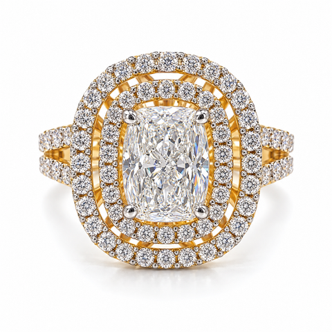 Eveline Vale Grand Double Halo Cushion Cut Lab Grown Diamond 14K Gold Ring — studio render