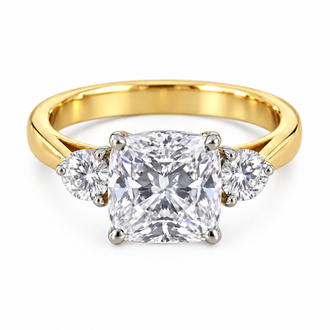 Arielle Belle Cushion and Round Cut Lab Grown Diamond Trilogy 18K Gold Ring studio image on white background