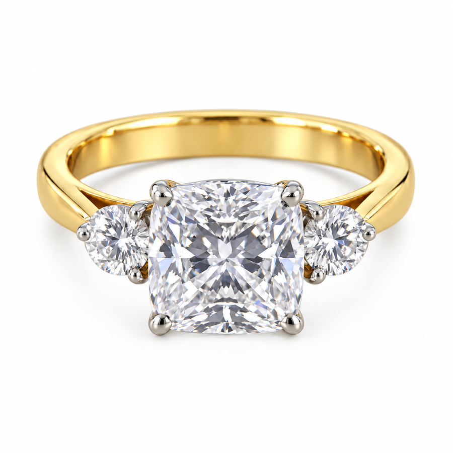 Arielle Belle Cushion and Round Cut Lab Grown Diamond Trilogy 18K Gold Ring studio image on white background