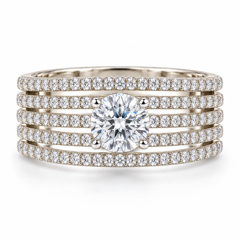 Aurelia Noor Round Cut Lab Grown Diamond Five lane Engagement 14K Gold Ring studio image on white background