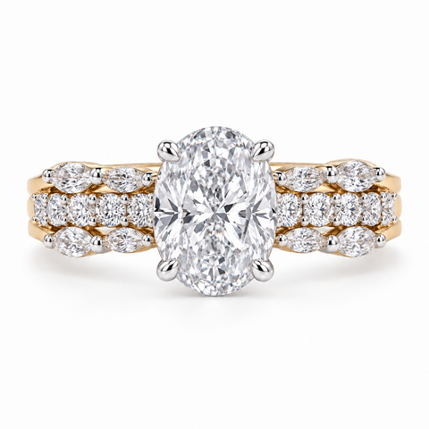 Avielle Lune Oval And Marquise Cut Three lane Lab Grown Diamond Engagement 14K Gold Ring studio image on white background