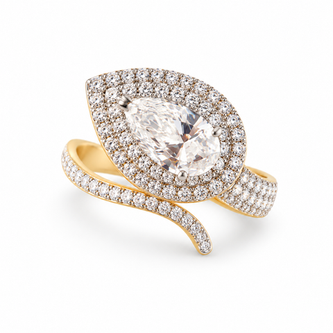 SR-1038 pear cut lab grown diamond bypass halo ring in 14K gold on white background