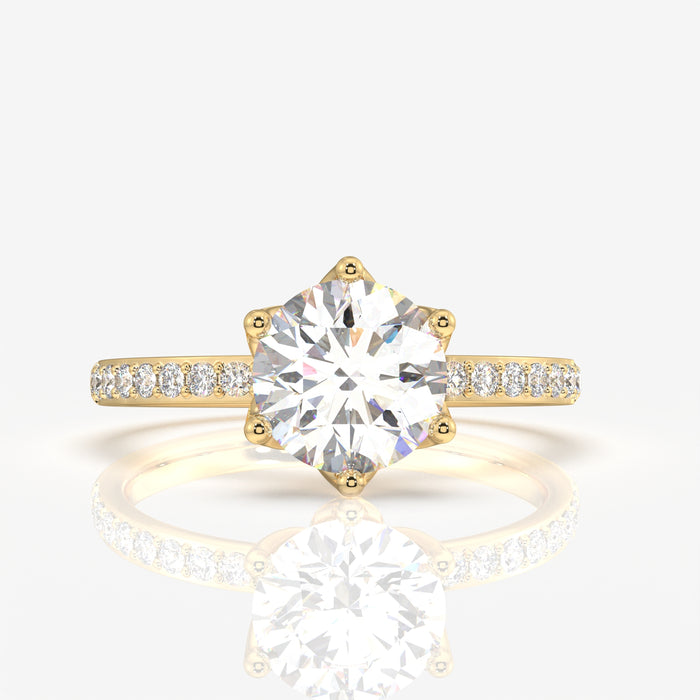 Round Cut Tulip Six Prong Moissanite Diamond Pave 18K Gold Ring