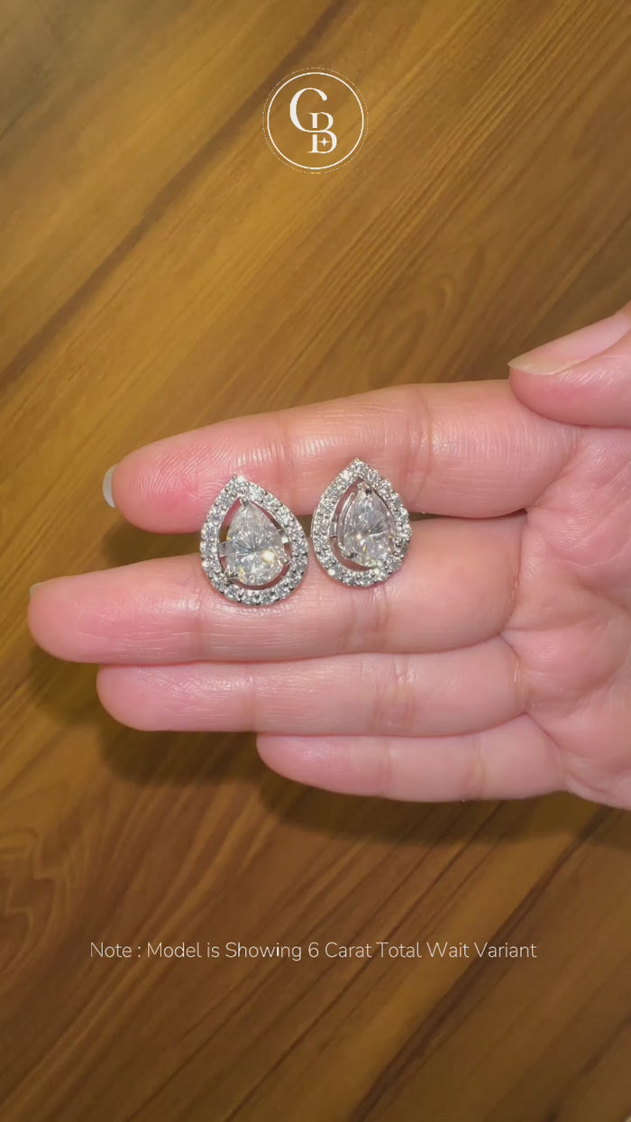 Pear Cut Moissanite Diamond Halo Stud Sterling Silver Earrings