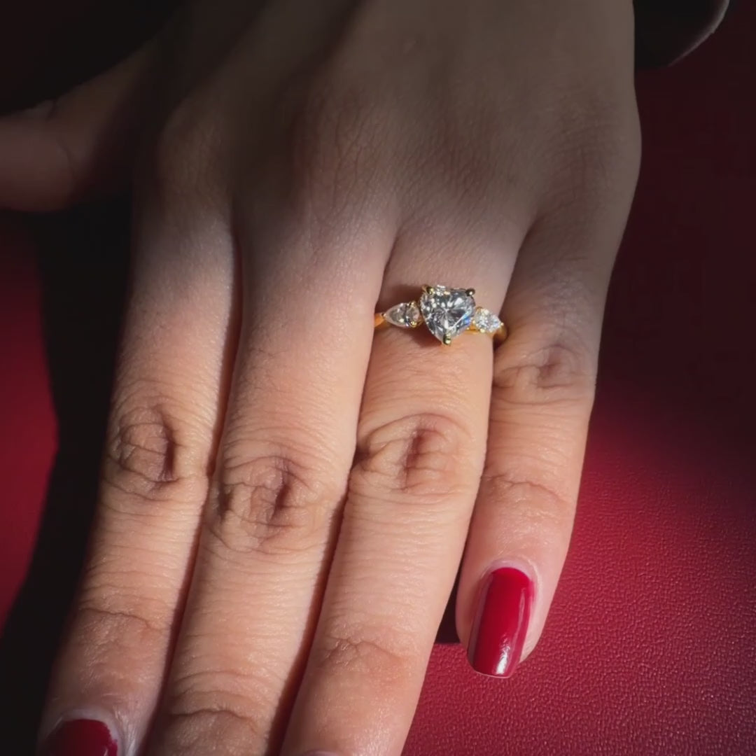 Heart & Pear Cut Moissanite Diamond Three Stone Sterling Silver Ring