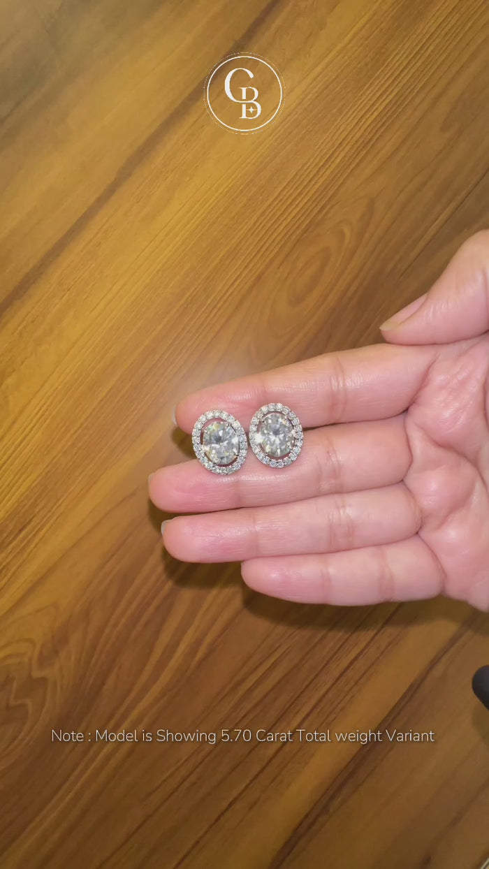 Oval Cut Moissanite Diamond Halo Stud 18k Gold Earrings