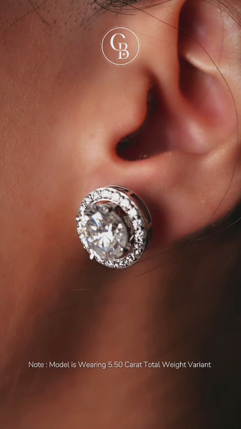 Round Cut Moissanite Diamond Halo Stud Sterling Silver Earrings